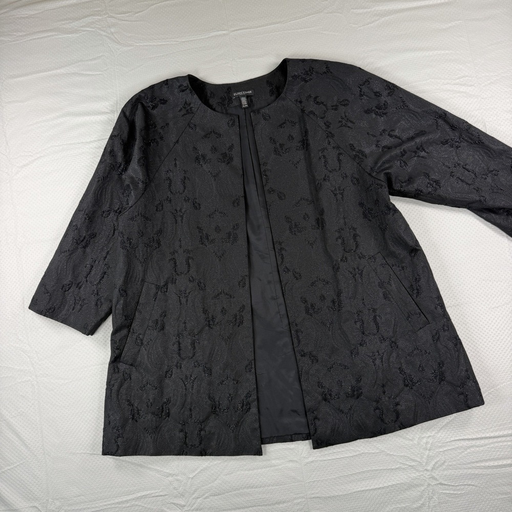 Eileen Fisher Petite XL Black Shimmer Metallic Jacquard Open Front Jacket Coat
